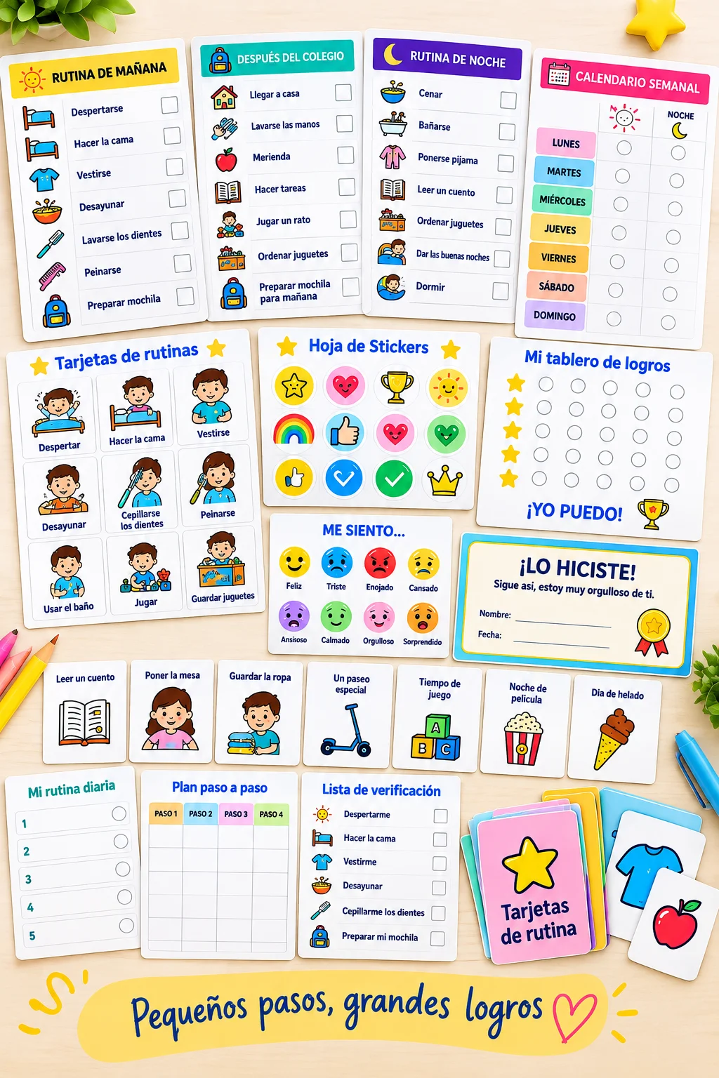 Vista completa de las páginas, tarjetas y recursos del kit imprimible