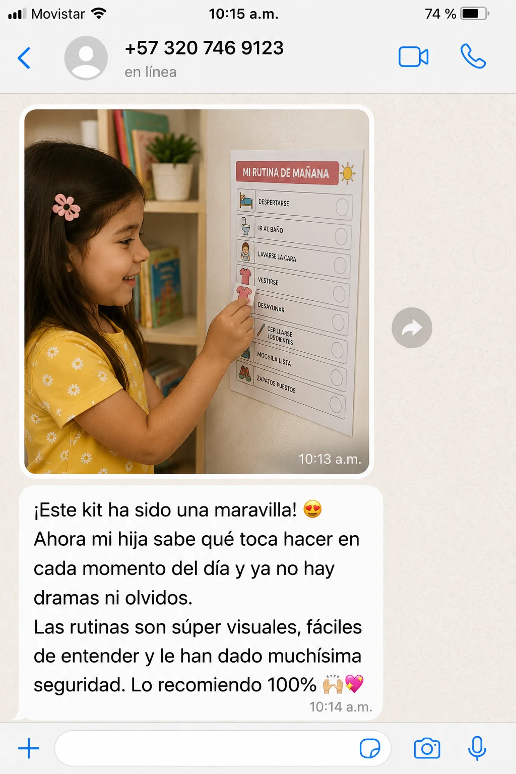 Captura de una mamá contando que su hija sigue su rutina de mañana sola