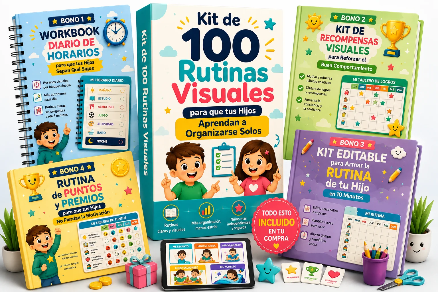 Bundle completo: Kit de 100 Rutinas Visuales impreso con hoja de stickers