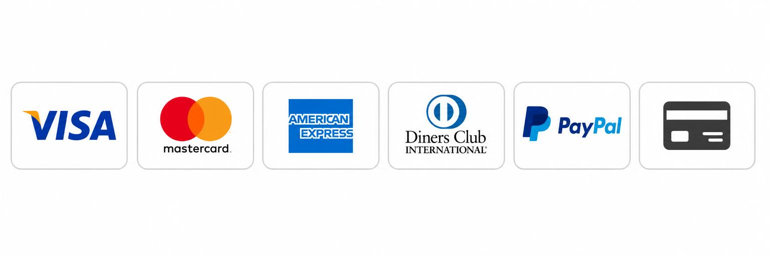 Métodos de pago disponibles: Visa, Mastercard, American Express, Diners Club, PayPal y tarjeta de crédito